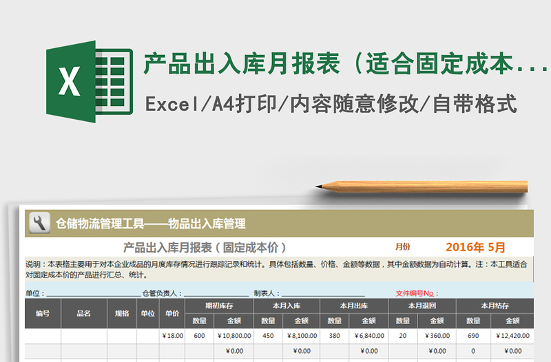 2022年產(chǎn)品出入庫月報(bào)表(適合固定成本價(jià)產(chǎn)品)免費(fèi)下載