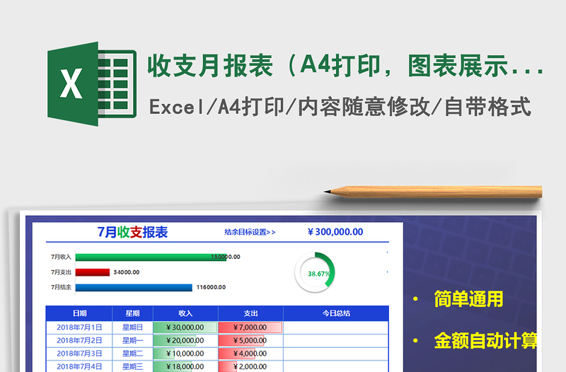 收支月报表（A4打印，图表展示，自动算）免费下载