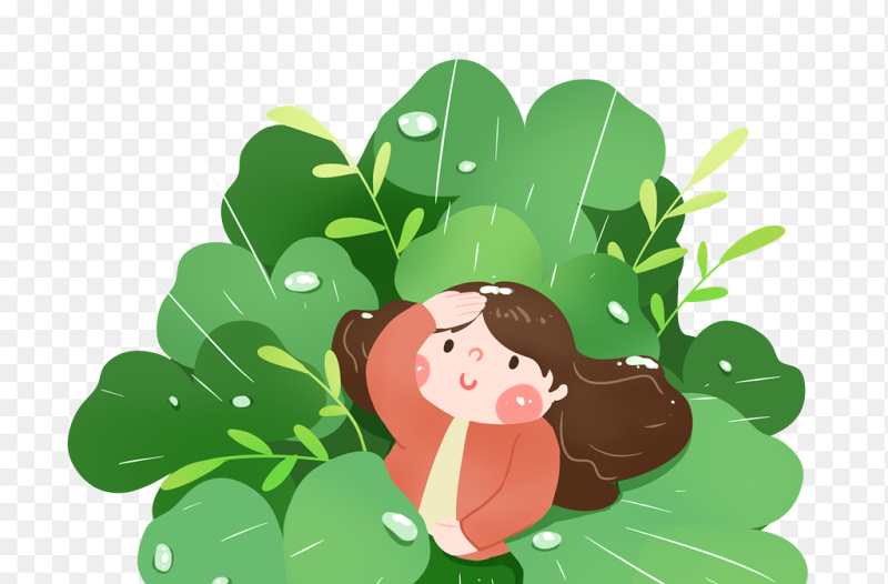 卡通人物小女孩抬头植物绿植装饰中国传统二十四节气谷雨时节主题素材免抠元素