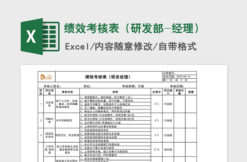 2021年绩效考核表（研发部-经理）