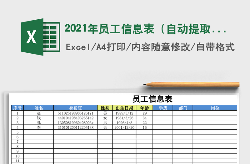 2021年員工信息表(自動(dòng)提取身份證信息)免費(fèi)下載