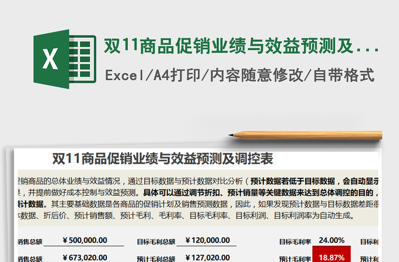 2022年雙11商品促銷(xiāo)業(yè)績(jī)與效益預(yù)測(cè)及調(diào)控表免費(fèi)下載