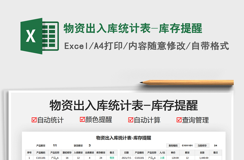 2021物資出入庫統(tǒng)計表-庫存提醒免費下載