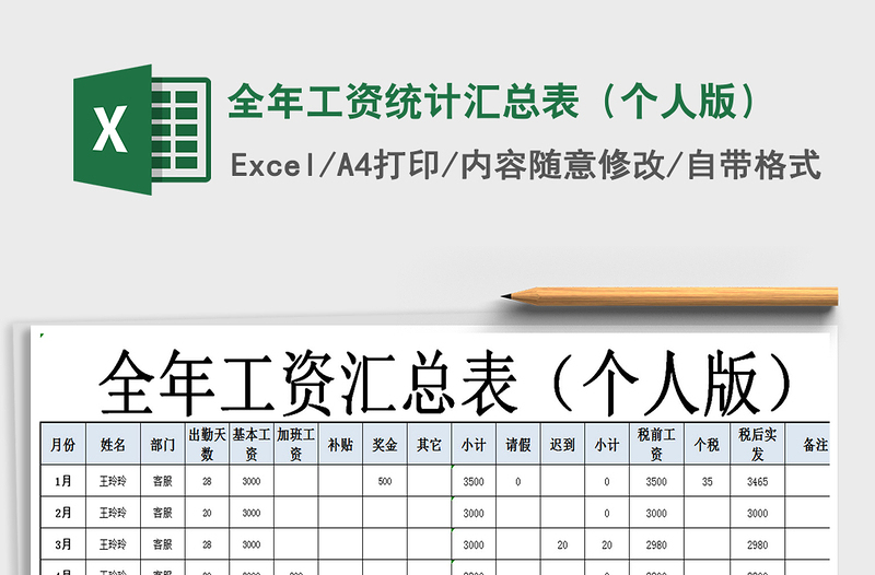 2021年全年工資統(tǒng)計匯總表(個人版)