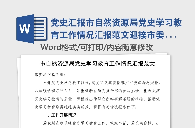 党史汇报市自然资源局党史学习教育工作情况汇报范文迎接市委巡回指导组工作总结汇报报告