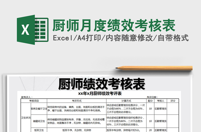 2022年廚師月度績效考核表免費下載
