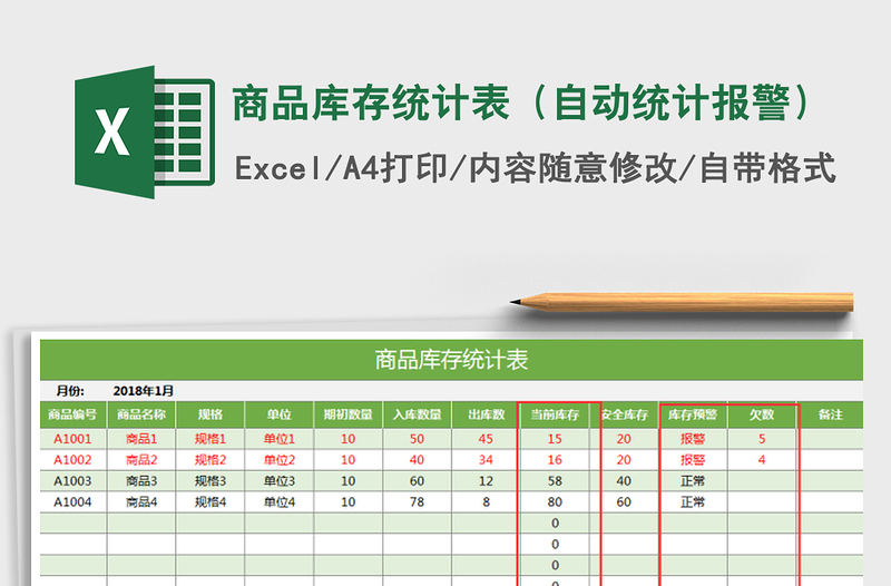 2021年商品庫存統(tǒng)計表(自動統(tǒng)計報警)
