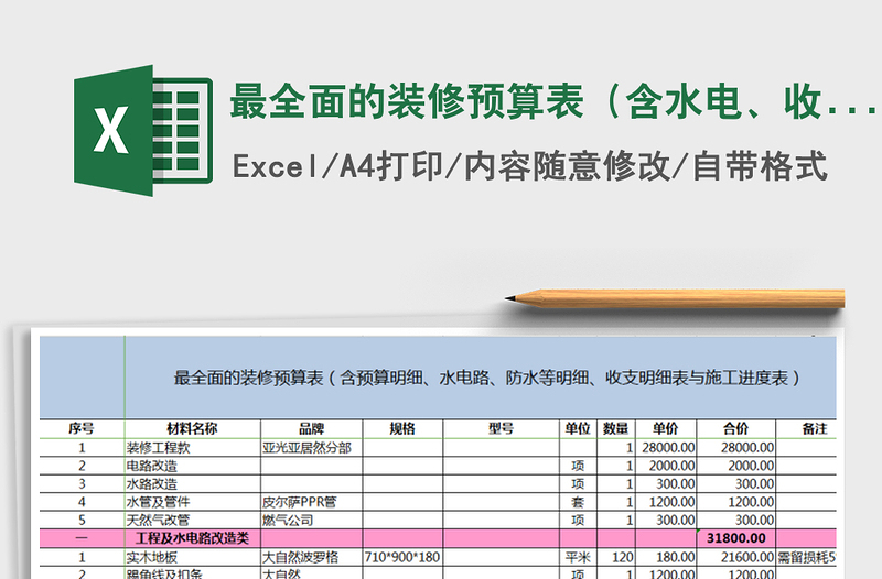 2021年最全面的装修预算表（含水电、收支明细、施工进度表）