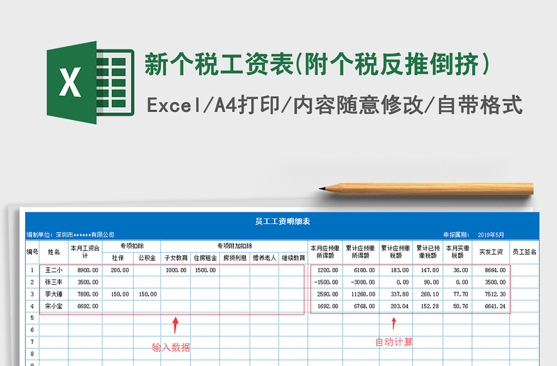 2021年新个税工资表(附个税反推倒挤）免费下载