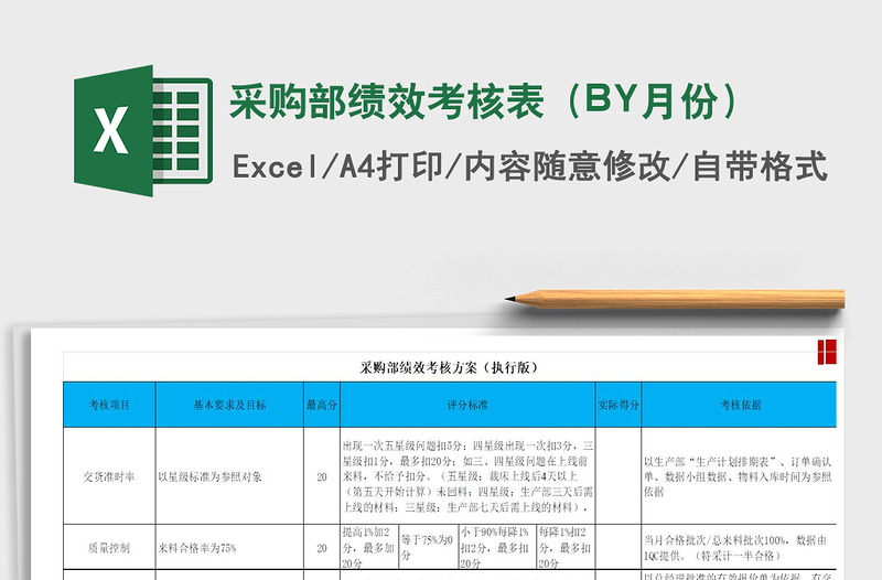 采购部绩效考核表（BY月份）免费下载