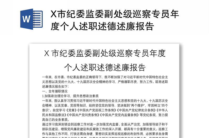 X市纪委监委副处级巡察专员年度个人述职述德述廉报告