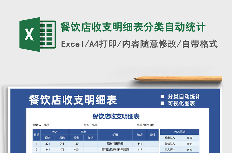 2021餐饮店收支明细表分类自动统计免费下载