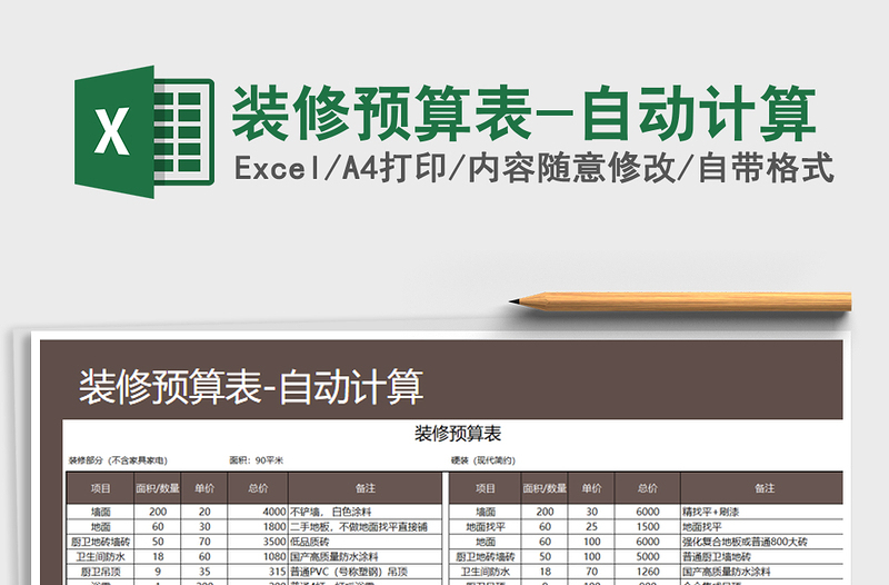 2021年裝修預(yù)算表-自動(dòng)計(jì)算