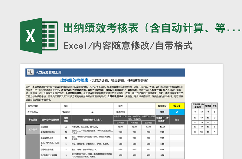 2021年出纳绩效考核表（含自动计算、等级评价、任意设置）