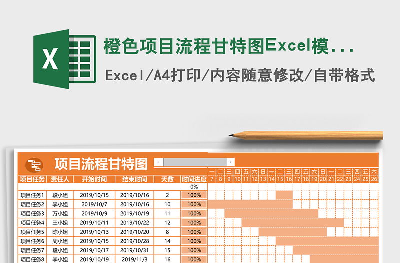 橙色項(xiàng)目流程甘特圖Excel模板