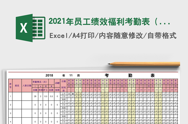 2021年員工績(jī)效福利考勤表(符號(hào)代表自動(dòng)計(jì)算)