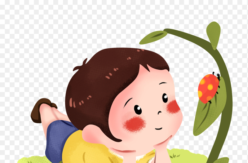 卡通人物小男孩观察瓢虫昆虫植物中国传统二十四节气惊蛰时节主题素材免抠元素