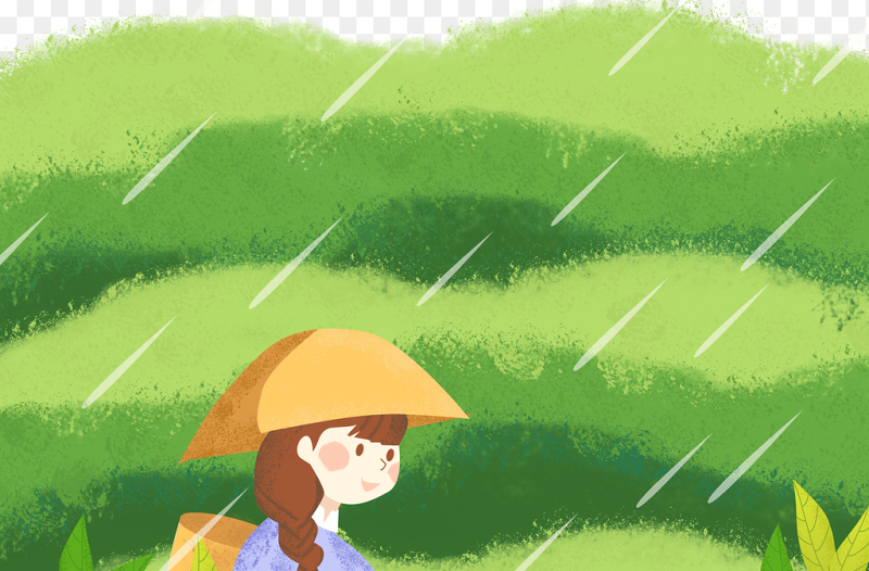 卡通人物采茶采摘雨水下雨谷雨中国传统二十四节气谷雨时节主题素材免抠元素