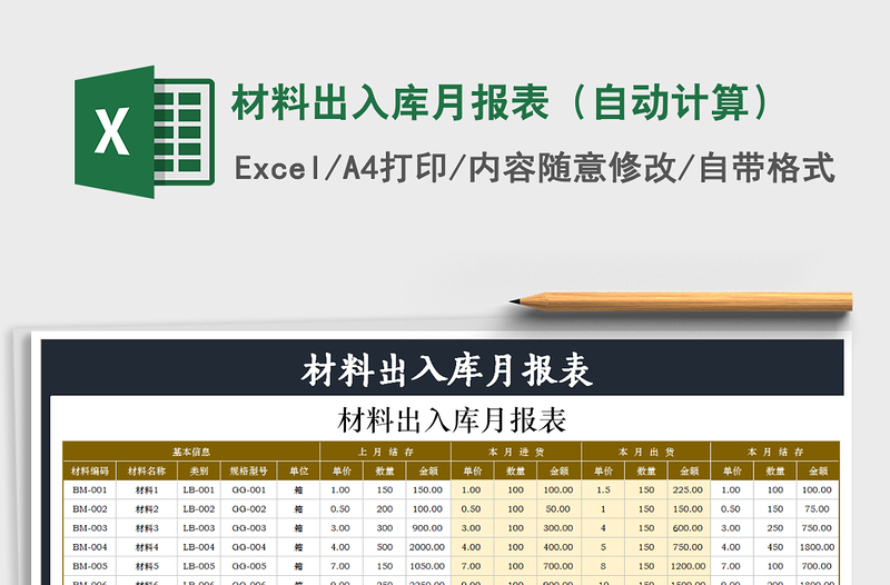 2021年材料出入库月报表（自动计算）免费下载