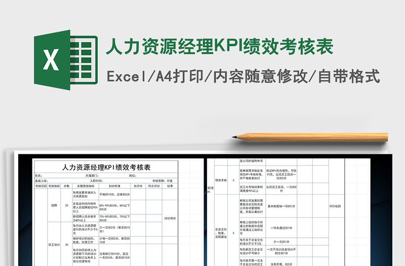 2022人力资源经理KPI绩效考核表免费下载