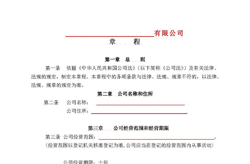 標(biāo)準(zhǔn)空白公司章程