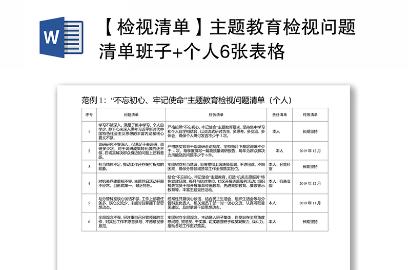 2021【检视清单】主题教育检视问题清单班子+个人6张表格