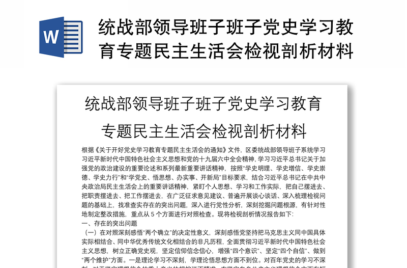 統(tǒng)戰(zhàn)部領(lǐng)導(dǎo)班子班子黨史學(xué)習(xí)教育專題民主生活會檢視剖析材料