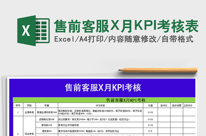 售前客服X月KPI考核表免費(fèi)下載