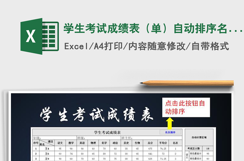 2021年學(xué)生考試成績(jī)表(單)自動(dòng)排序名次