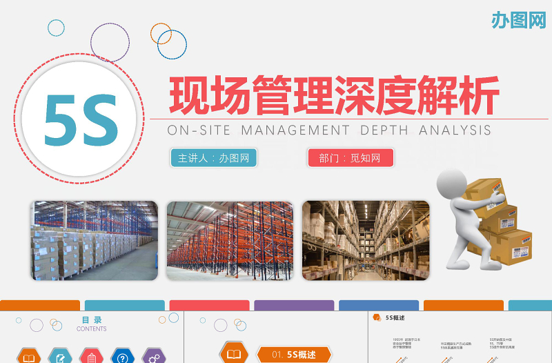 框架完整下載即用多色企業(yè)倉儲5S現(xiàn)場管理深度解析PPT模板