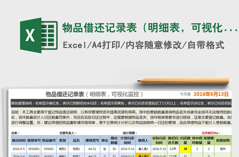 2021年物品借還記錄表（明細表，可視化監(jiān)控）