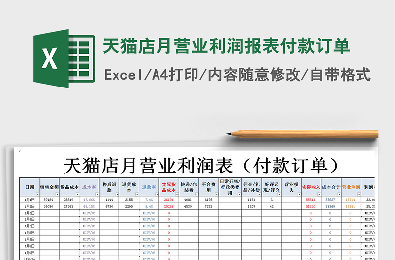 2021年天貓店月?tīng)I(yíng)業(yè)利潤(rùn)報(bào)表付款訂單