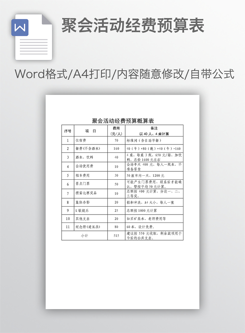 聚会活动经费预算表