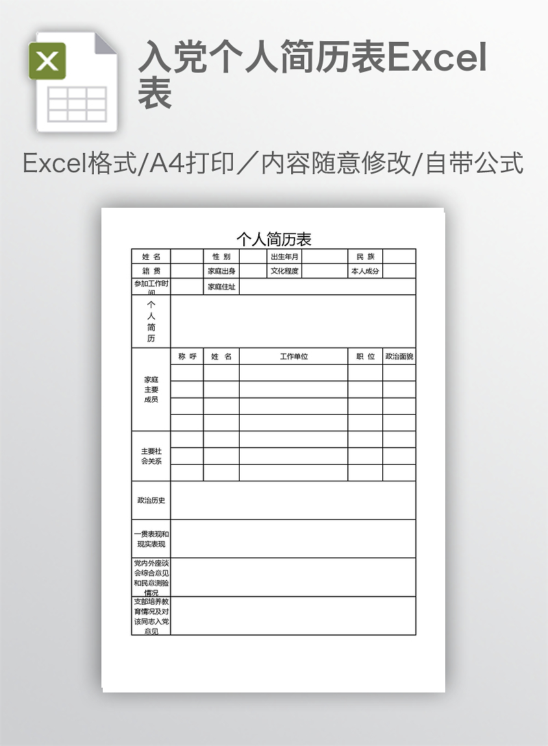 入党个人简历表excel表