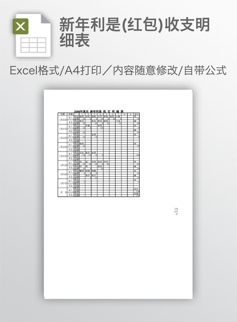 新年利是红包收支明细表