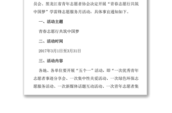“青春志愿行共筑中國夢”學(xué)雷鋒志愿服務(wù)月活動方案