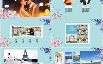 藍色唯美浪漫溫馨粉色花卉花朵婚禮相冊ppt