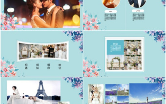 藍(lán)色唯美浪漫溫馨粉色花卉花朵婚禮相冊ppt