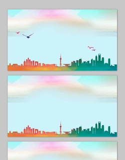 三张彩色清新城市剪影PPT背景图片