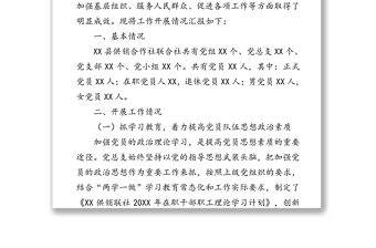 XX县供销联社20XX年上半年基层党建工作总结暨下半年工作计划