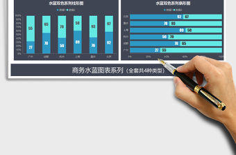 2021年商務水藍圖表模板達標圖餅圖折線圖免費下載