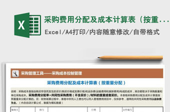 2021年采購費用分配及成本計算表（按重量分配）