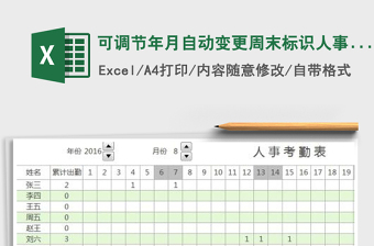 2022年可調(diào)節(jié)年月自動(dòng)變更周末標(biāo)識(shí)人事考勤表免費(fèi)下載
