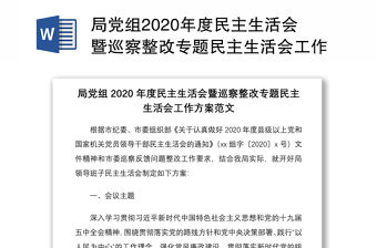 局黨組2020年度民主生活會暨巡察整改專題民主生活會工作方案范文