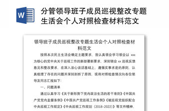 2021分管領導班子成員巡視整改專題生活會個人對照檢查材料范文