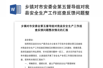 2021鄉(xiāng)鎮(zhèn)對(duì)市安委會(huì)第五督導(dǎo)組對(duì)我縣安全生產(chǎn)工作巡查反饋問(wèn)題整改情況的匯報(bào)