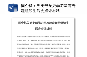 國企機關(guān)黨支部黨史學(xué)習(xí)教育專題組織生活會點評材料