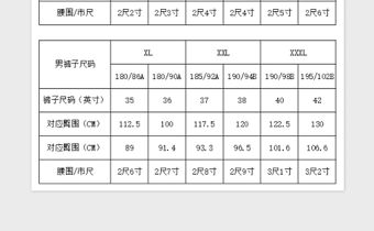男褲子尺碼對照表免費下載