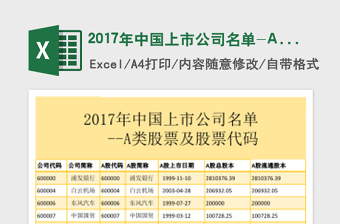 2017年中国上市公司名单-A类股票及股票代码免费下载