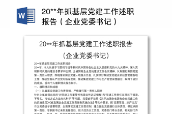 20**年抓基层党建工作述职报告（企业党委书记）